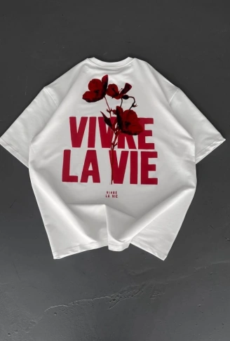 Baskılı Oversize Bisiklet Yaka T-shirt - Beyaz