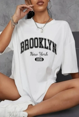 Baskılı Oversize Bisiklet Yaka T-shirt - Beyaz