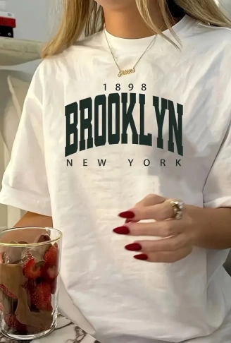 Baskılı Oversize Bisiklet Yaka T-shirt - Beyaz