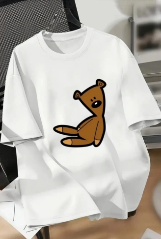 Baskılı Oversize Bisiklet Yaka T-shirt - Beyaz