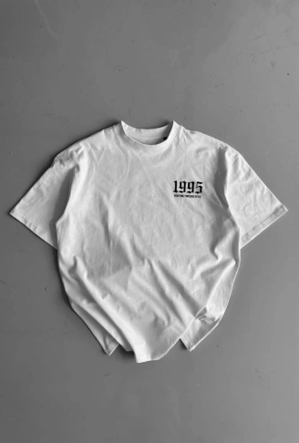 Baskılı Oversize Bisiklet Yaka T-shirt - Beyaz