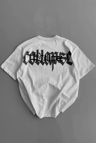 Baskılı Oversize Bisiklet Yaka T-shirt - Beyaz