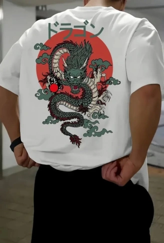 Baskılı Oversize Bisiklet Yaka T-shirt - Beyaz