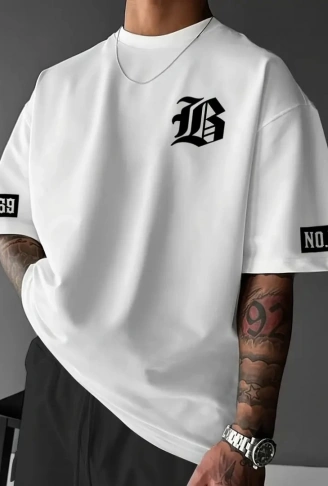 Baskılı Oversize Bisiklet Yaka T-shirt - Beyaz