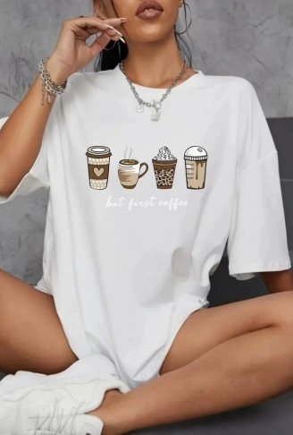 Baskılı Oversize Bisiklet Yaka T-shirt - Beyaz