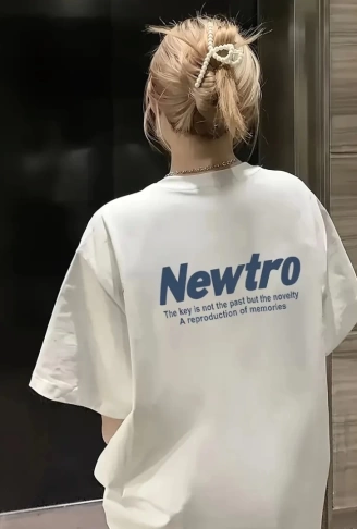 Baskılı Oversize Bisiklet Yaka T-shirt - Beyaz