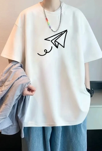 Baskılı Oversize Bisiklet Yaka T-shirt - Beyaz