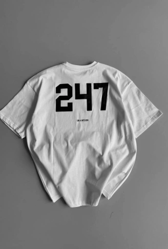 Baskılı Oversize Bisiklet Yaka T-shirt - Beyaz