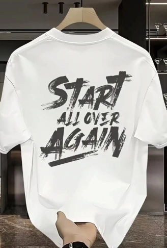 Baskılı Oversize Bisiklet Yaka T-shirt - Beyaz