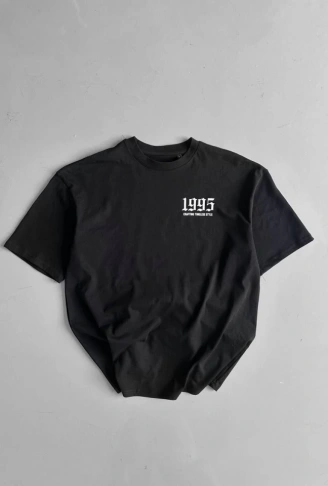 Baskılı Oversize Bisiklet Yaka T-shirt - Siyah