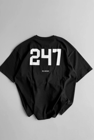 Baskılı Oversize Bisiklet Yaka T-shirt - Siyah