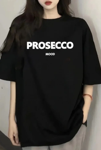 Baskılı Oversize Bisiklet Yaka T-shirt - Siyah