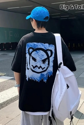 Baskılı Oversize Bisiklet Yaka T-shirt - Siyah