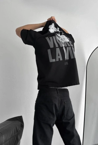 Baskılı Oversize Bisiklet Yaka T-shirt - Siyah