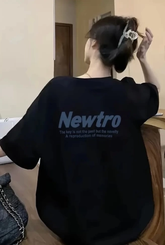 Baskılı Oversize Bisiklet Yaka T-shirt - Siyah