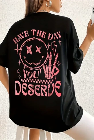 Baskılı Oversize Bisiklet Yaka T-shirt - Siyah