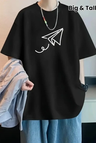 Baskılı Oversize Bisiklet Yaka T-shirt - Siyah