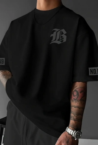 Baskılı Oversize Bisiklet Yaka T-shirt - Siyah