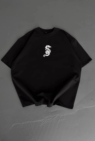 Baskılı Oversize Bisiklet Yaka T-shirt - Siyah