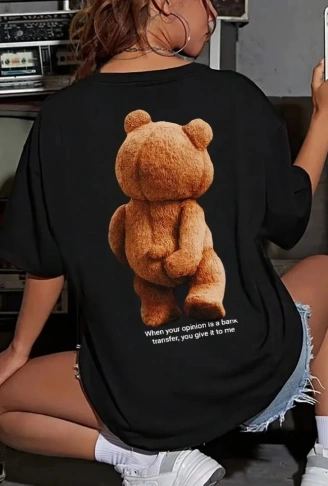 Baskılı Oversize Bisiklet Yaka T-shirt - Siyah