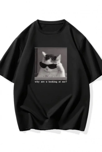 Baskılı Oversize Bisiklet Yaka T-shirt - Siyah