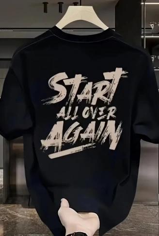 Baskılı Oversize Bisiklet Yaka T-shirt - Siyah