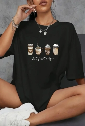 Baskılı Oversize Bisiklet Yaka T-shirt - Siyah