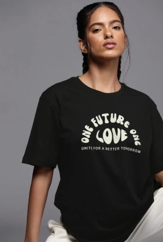 Baskılı Oversize T-shirt - Siyah