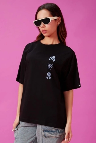 Baskılı Oversize T-shirt - Siyah