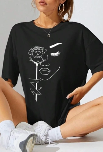 Baskılı Oversize T-shirt - Siyah