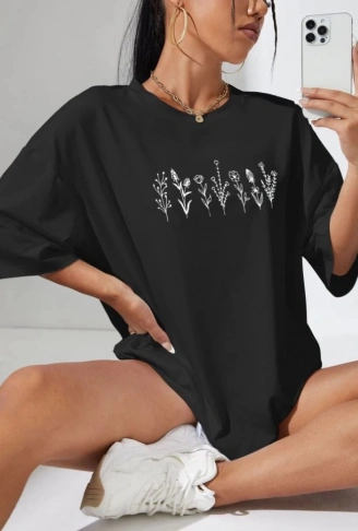 Baskılı Oversize T-shirt - Siyah