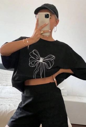 Baskılı Oversize T-shirt - Siyah