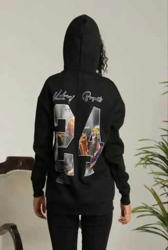 Baskılı Oversize Üç İplik Kapüşonlu Sweatshirt - Siyah