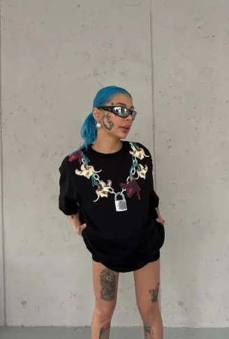 Baskılı T-Shirt Kısa Kol Bisiklet Yaka Regular Rahat Kalıp Günlük Tişört - Siyah