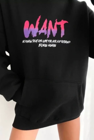 Baskılı Üç İplik Kapüşonlu Oversize Sweatshirt - Siyah