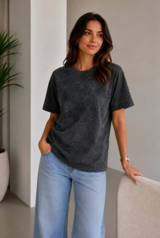 Batik Desenli Tişört Bisiklet Yaka Kısa Kol Regular Fit T-shirt - Siyah