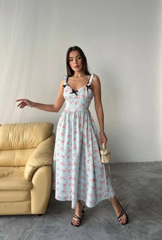 Bebe Mavi Önü Fiyonklu Çiçekli Elbise