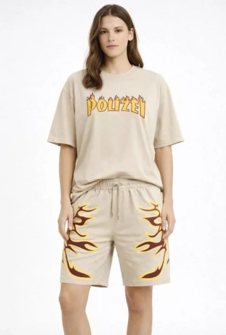 Bej Oversize Baskılı Tişört Şort Takım Cepli Şort Yazlık Rahat Günlük Kombin - Bej