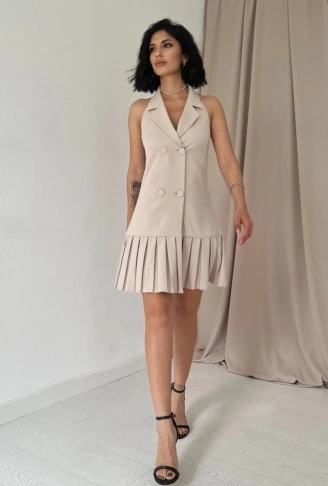 Bej Sırtı Açık Ceket Yakalı Elbise