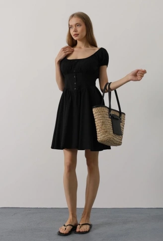 Beli Korseli Mini Elbise - Siyah