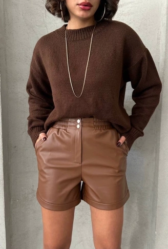 Beli lastikli çıtçıtlı deri şort kahve w241007