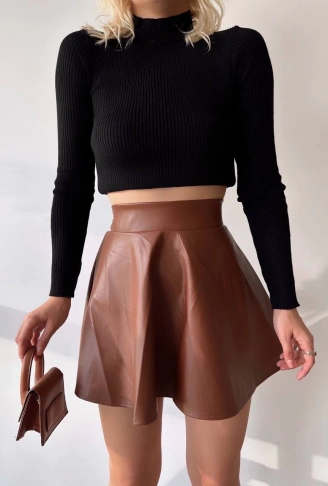 Beli lastikli deri etek kahve s24599