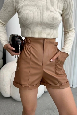 Beli lastikli deri şort kahve H24605