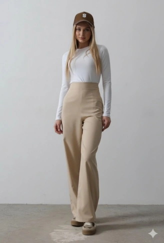 Beli Yarım Lastikli Palazzo Pantolon - Camel