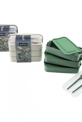 BESLENME KUTUSU  3 KATLI X 420ML - ÇATAL - KAŞIK - TEKLİ TAŞIMA KULP  RENKLİ PLASTİK (4940)