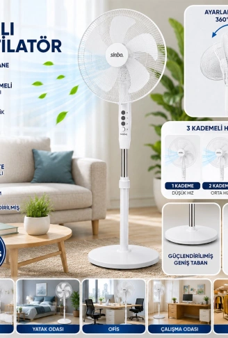 BEYAZ 5 PERVANE - 16 INC EV - OFİS KOMPAKT - SESSİZ - ÜÇ KADEME 140CM YÜKSEKLİK AYAKLI VANTİLATÖR SF-6789 (4940)