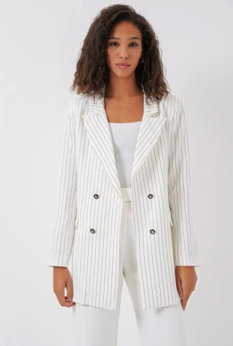 Beyaz Çift Düğmeli Çizgili Blazer Ceket 0699