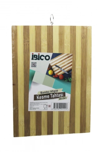 BEYAZ ÇİZGİLİ AHŞAP BAMBU KESİM PANOSU - KESME TAHTASI METAL KULPLU 26 X 36 X 1.4CM (4940)