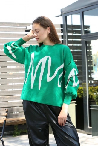 Beyaz çizgili bisiklet yaka kazak yeşil