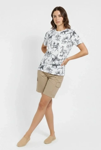 Beyaz Dinozor Desenli Tişört – Regular Kalıp, Bisiklet Yaka, Dijital Baskılı Pamuklu T-Shirt - Beyaz